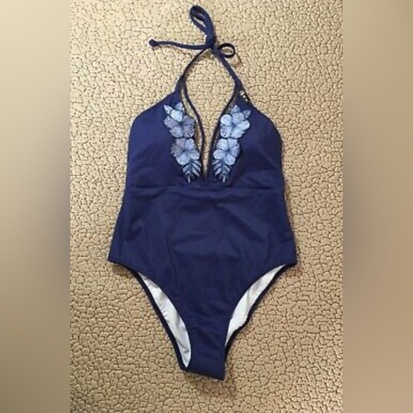 Victoria’s Secret PINK Swimsuit Floral Swim Embroidered Plunge One Piece Navy S/ - Picture 2 of 9